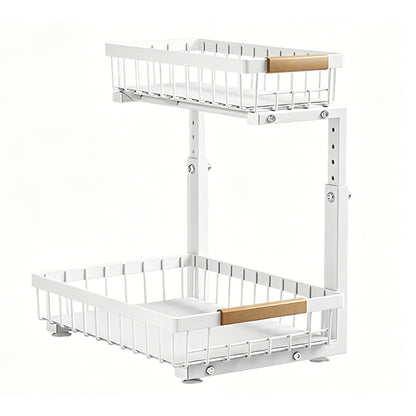 Under Sink Organizer 2 Tier Pull Out Cabinet Storage Slide Out Shelf Metal Sliding Drawer-White