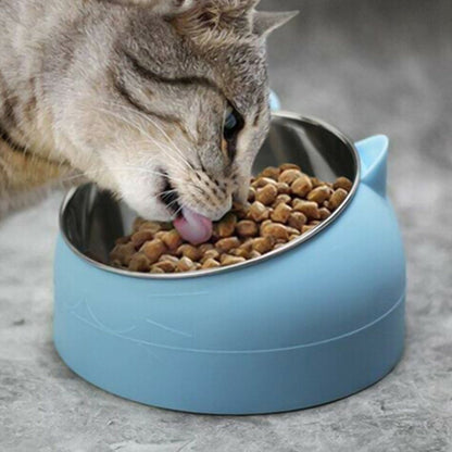 400ml Stainless Steel Tilted Pet Bowl Non-Slip Raised Feeder for Cats and Dogs-Blue