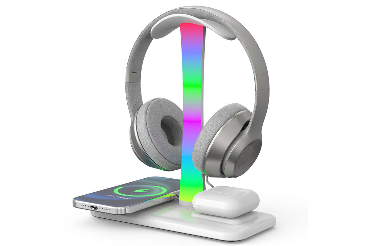 Headphone Stand with Wireless Charger Gaming Headset Stand with RGB Light for Airpod Pro iPhone Samsung -White