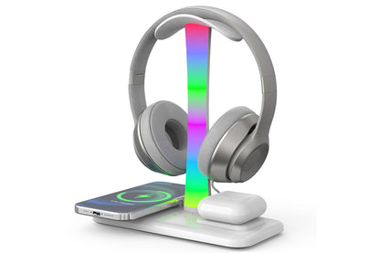 Headphone Stand with Wireless Charger Gaming Headset Stand with RGB Light for Airpod Pro iPhone Samsung -White