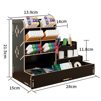 6 Compartment Wooden Desk Organizer with Drawers Art Supplies Storage Desktop Stationary-Black