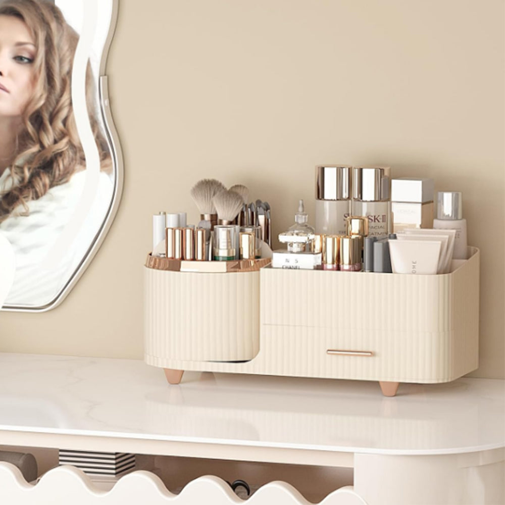 Rotating Makeup Organizer for Vanity with Brush Holder and Drawer Spinning Cosmetic Storage Case Beige