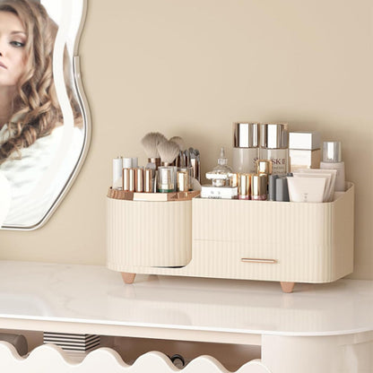 Rotating Makeup Organizer for Vanity with Brush Holder and Drawer Spinning Cosmetic Storage Case Beige