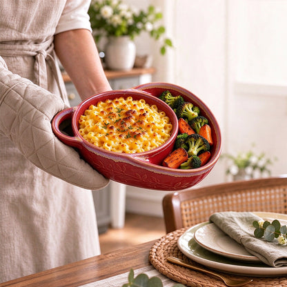 Vintage Breakfast Divided Pan Dual Compartment Ceramic Baking Pan - Red