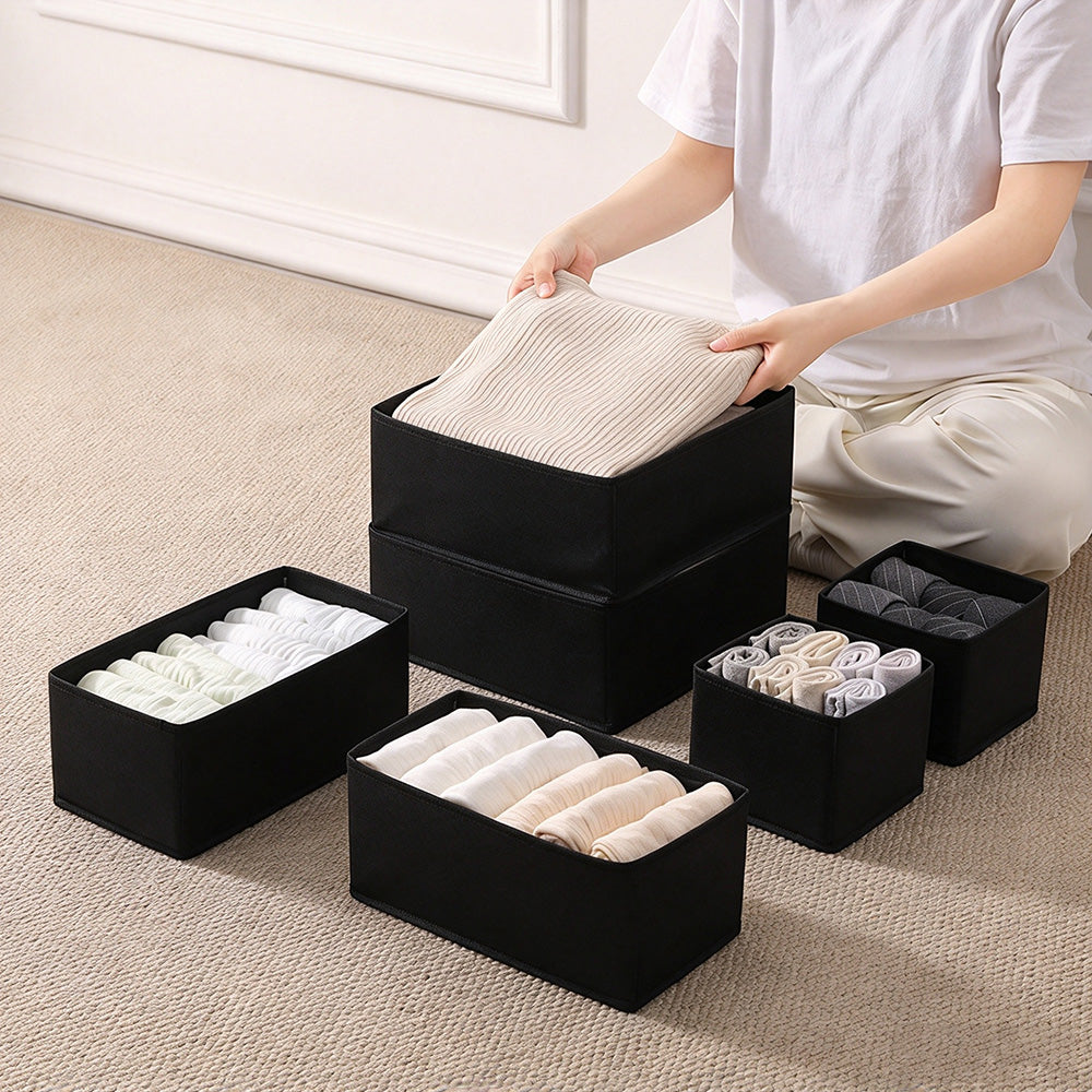 6Pcs Foldable Drawer Organiser Set Underwear Bra Sock Storage Boxes Black