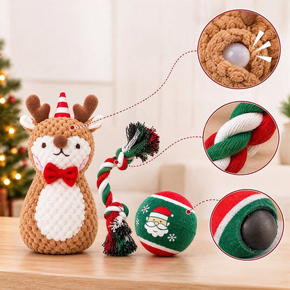 3 Pack Christmas Pet Squeaky Toy Gift with Plush Ball and Chew Rope - Deer