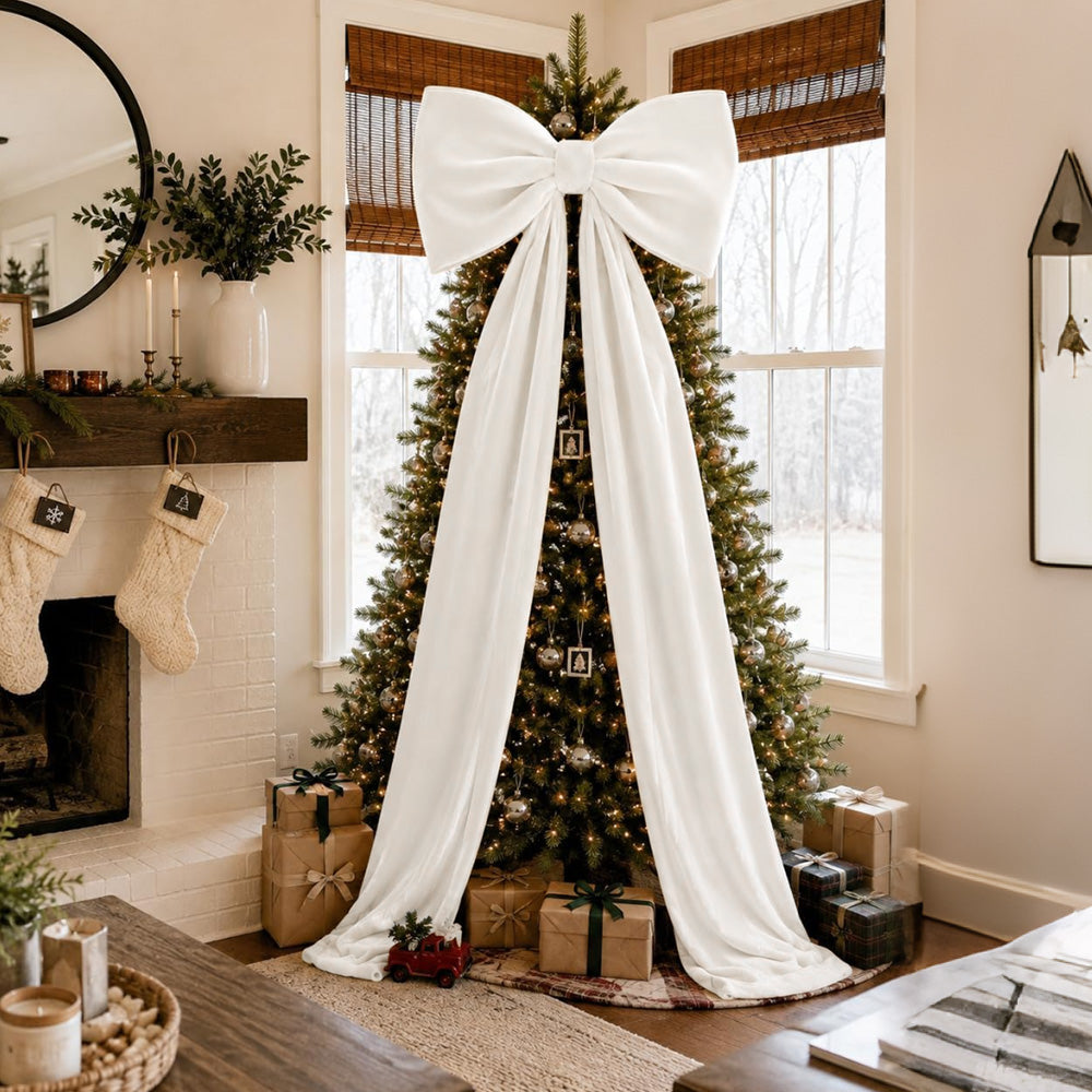Oversized Velvet Christmas Tree Bow with Long Streamers - White