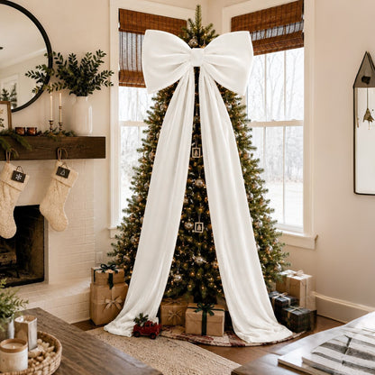 Oversized Velvet Christmas Tree Bow with Long Streamers - White