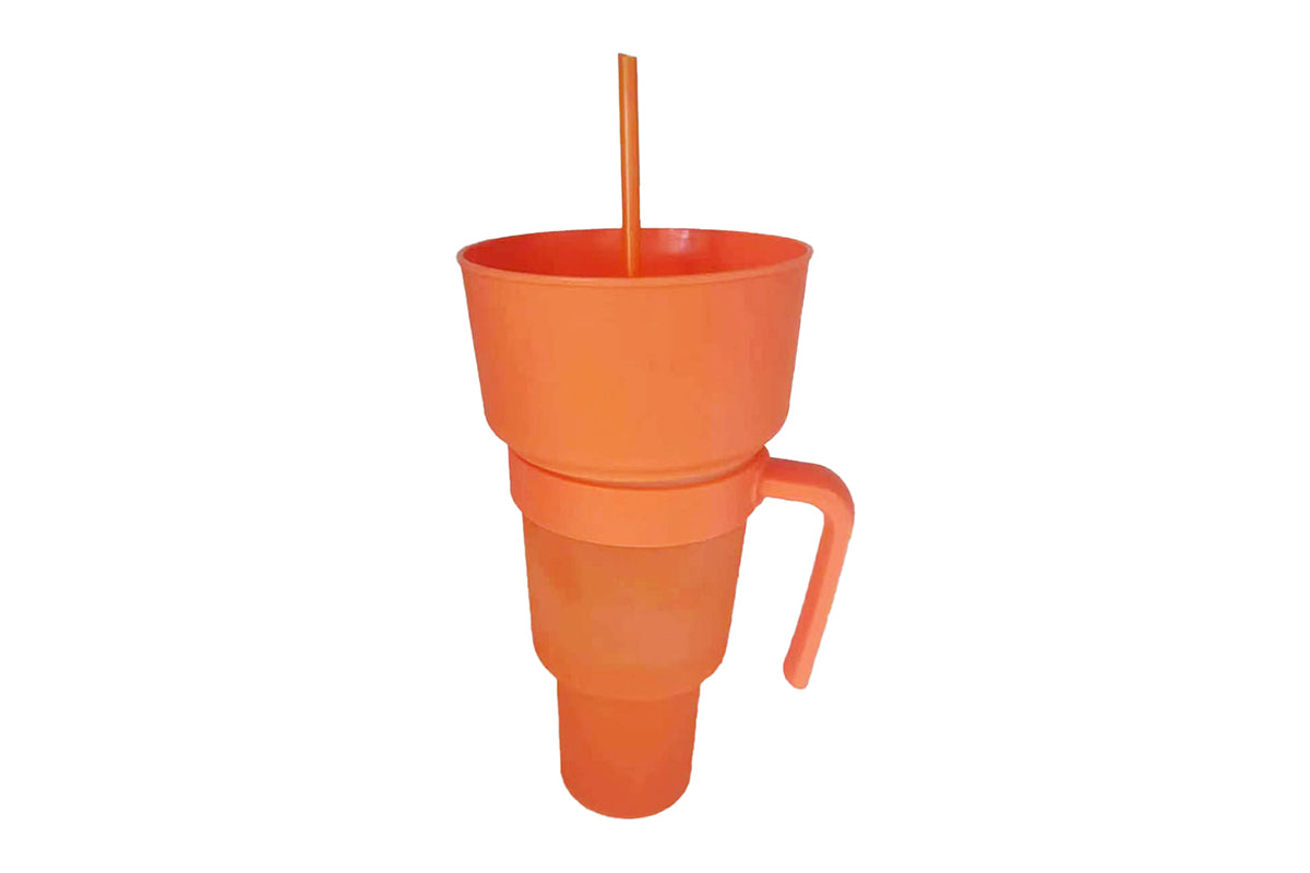 Reusable Tumbler Popcorn Cup Beverage Snack Multifunctional Split Cup With Straw-Orange