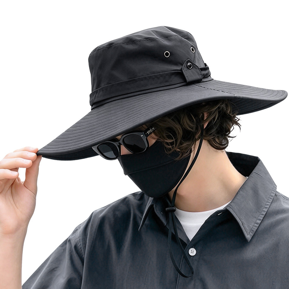 Wide Brim Boonie Hat Outdoor Sun Shade Hat with Chin Strap Gray