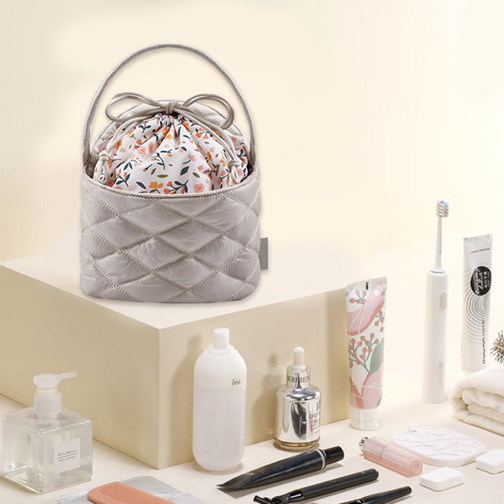 Stylish Barrel Drawstring Makeup Bag Travel Cosmetic Bags Toiletry Organizer Apricot