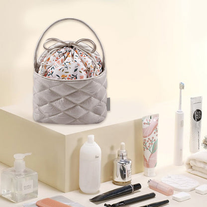 Stylish Barrel Drawstring Makeup Bag Travel Cosmetic Bags Toiletry Organizer Apricot