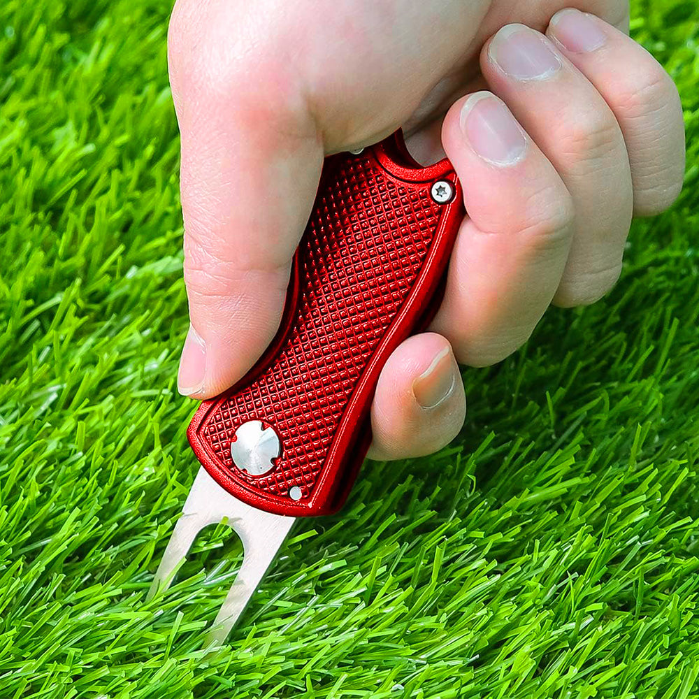 2PCS Magnetized Golf Divot Repair Tool with Pop-up Fork and Ball Marker Red