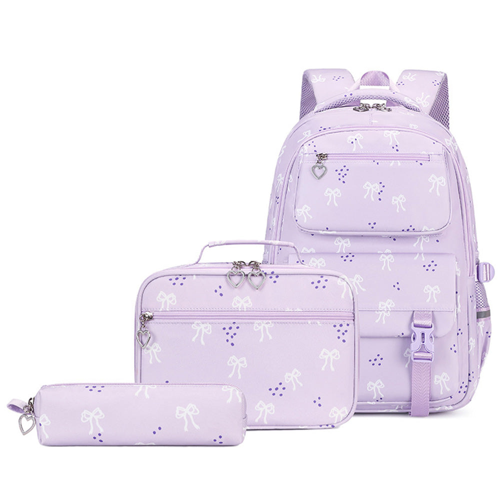 3 Piece Girls School Backpack Set with Lunch Bag Pencil Case - Purple