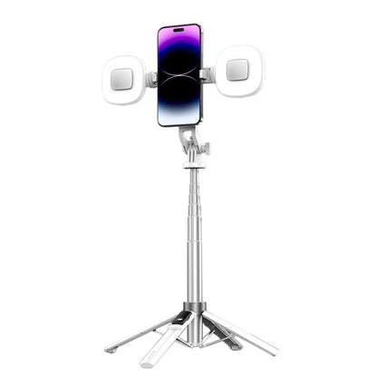 Portable Phone Tripod Stand Retractable Selfie Stick with Remote Control and Fill Light for Photograph Video Recording White