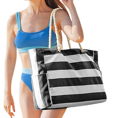 Large Striped Zipper Beach Tote Bag for Travel & Outdoor Vacations Black