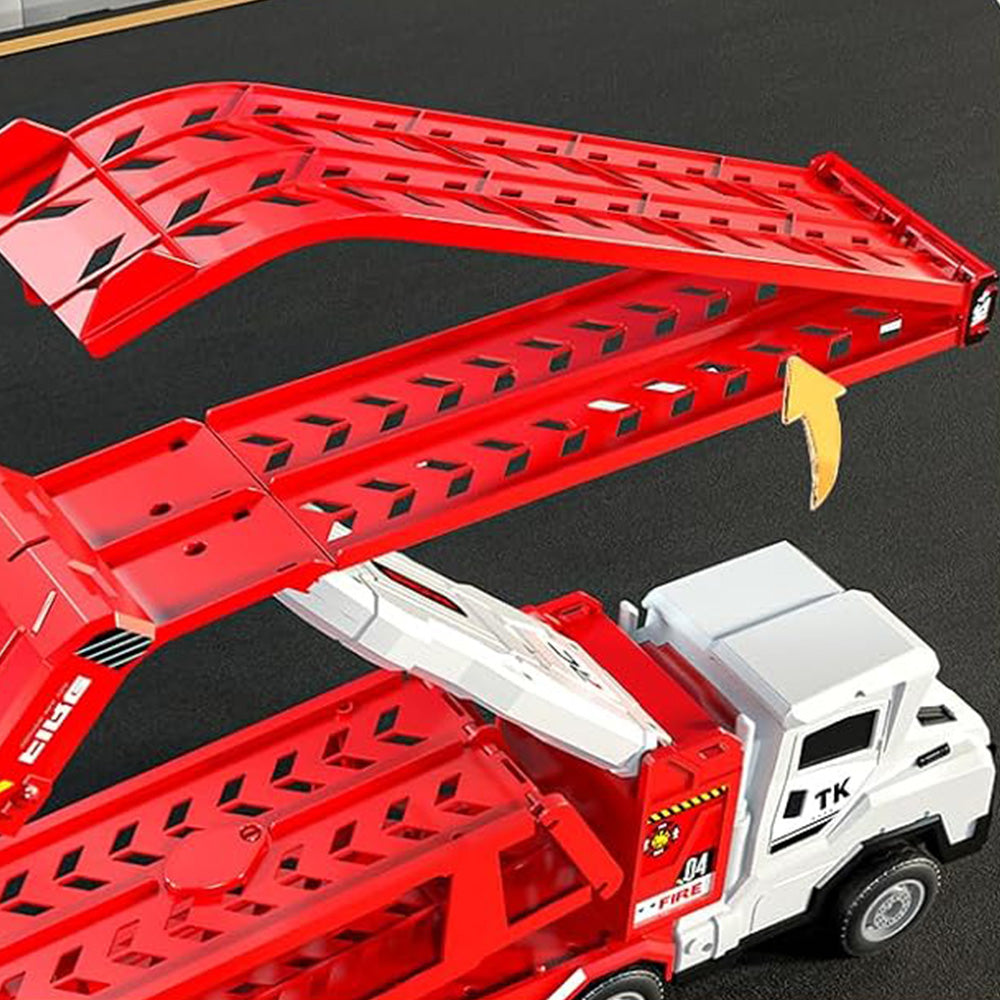 Large Dual Track Transporter Truck Toy Set with 6 Alloy Racing Cars - Red