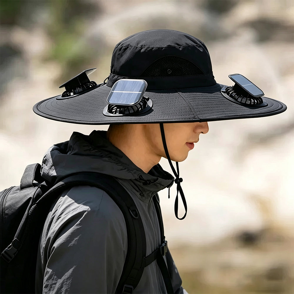 Solar Fan Hat with 3 Fans and USB Charging Cooling Hat - Black