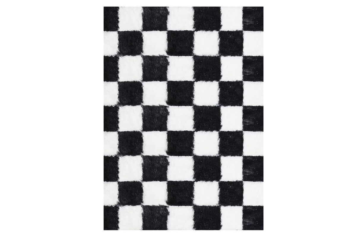 Checkered Plush Shaggy Rug Non Slip Carpet - Black