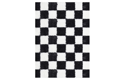 Checkered Plush Shaggy Rug Non Slip Carpet - Black