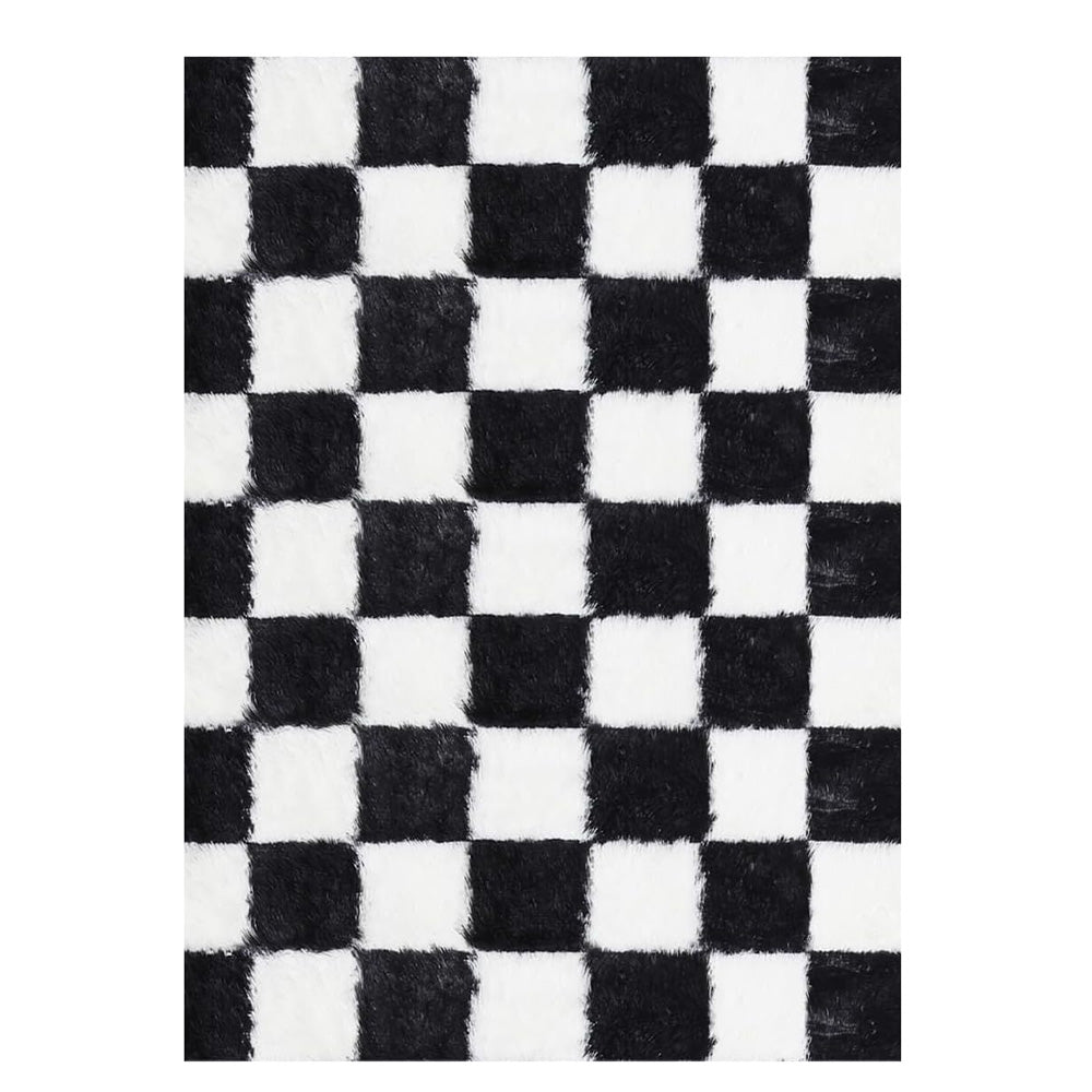 Checkered Plush Shaggy Rug Thickened Non Slip Carpet for Living Room Bedroom-Black