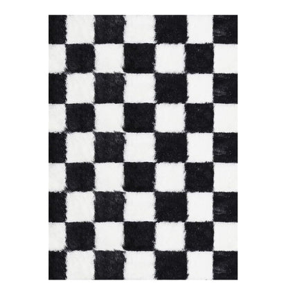 Checkered Plush Shaggy Rug Thickened Non Slip Carpet for Living Room Bedroom-Black