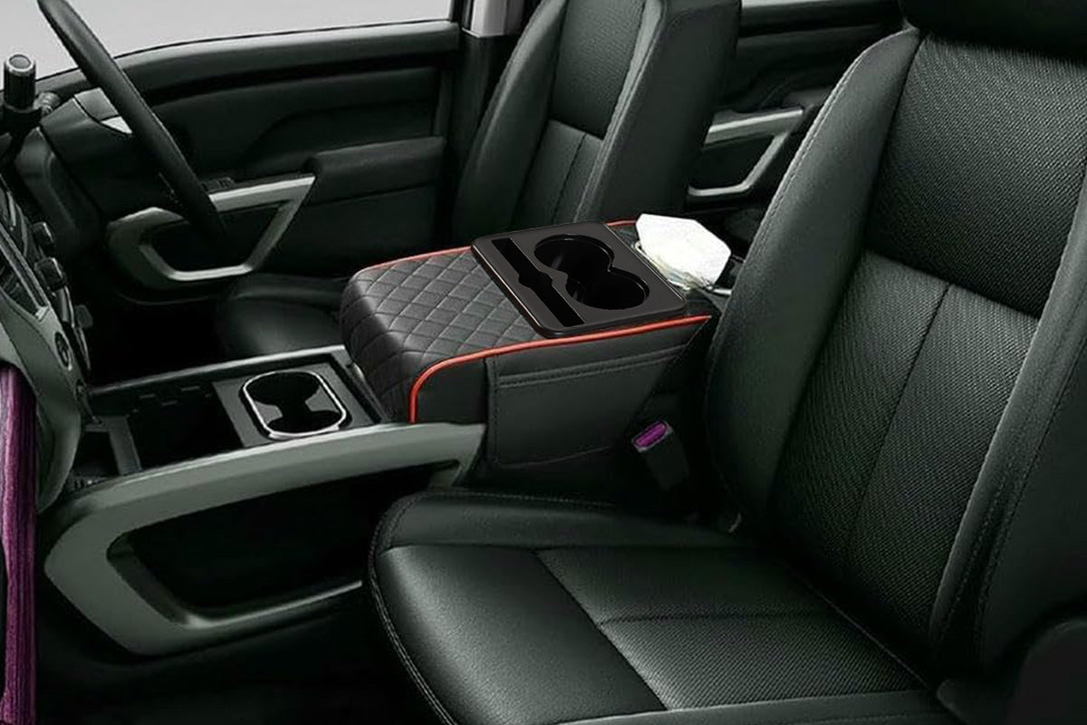 Car Armrest Cushion Organizer with Cup Holder Center Console Booster Pad-Red