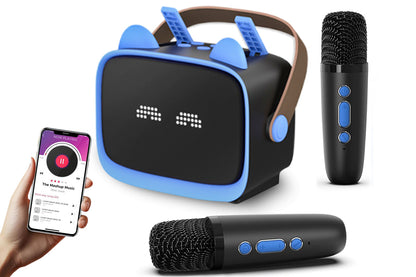 Karaoke Machine Toys Gifts Portable MP3 Player with 2 Wireless Microphone -Blue