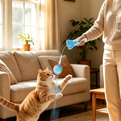 Cat Teaser Launcher with Retractable Cord and 2 Plush Balls - Blue