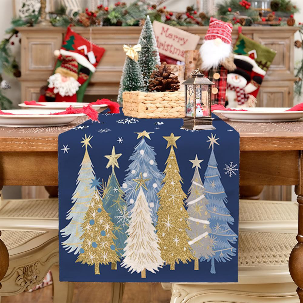 Christmas Table Runner with Xmas Trees Festive Tablecloth Cover for Kitchen Dinner Party Blue