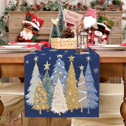 Christmas Table Runner with Xmas Trees Festive Tablecloth Cover for Kitchen Dinner Party Blue