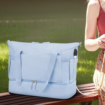 37L Women Fitness Travel Bag Waterproof USB Charging Carry-On Overnight Sky Blue