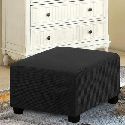 Square Ottoman Cover Stretch Textured Slipcover for Footstool Black L