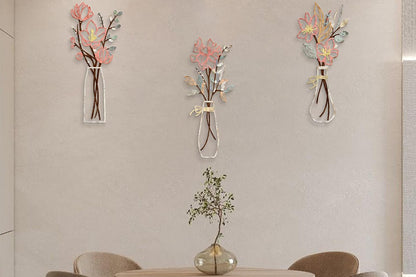 3Pcs Metal Flowers Wall Art Wall Decor Sculptures Hanging for Kitchen Living Room -Pink Flowers
