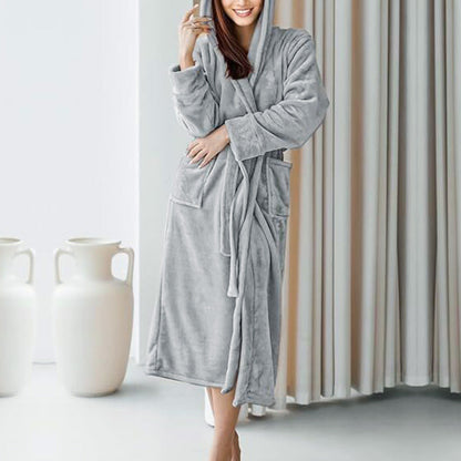 Warm Hooded Bathrobe Long Cozy Spa Hoodie Robes for Ladies Gray