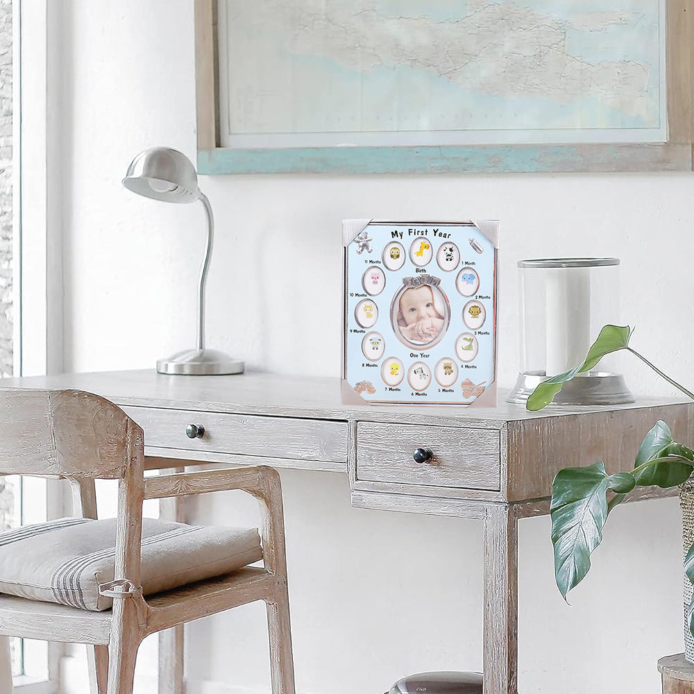 Baby's First Year Picture Photo Frame Newborn Baby Shower Gift Blue