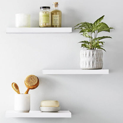 3Pcs Set Wall Mounted Floating Shelves Hanging Wood Storage Shelves for Home Bathroom White