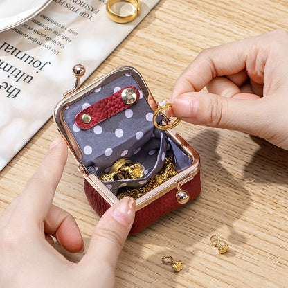 Mini Genuine Leather Jewelry Box Portable Vintage-Inspired Jewelry Case with Kiss Lock for Earring Ring Pink Wine Red