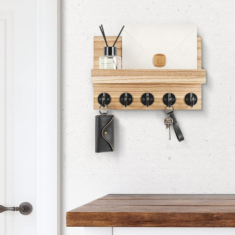 Rustic Wall Mounted Mail and Key Holder Organizer with Hooks for Entryway Wood Color