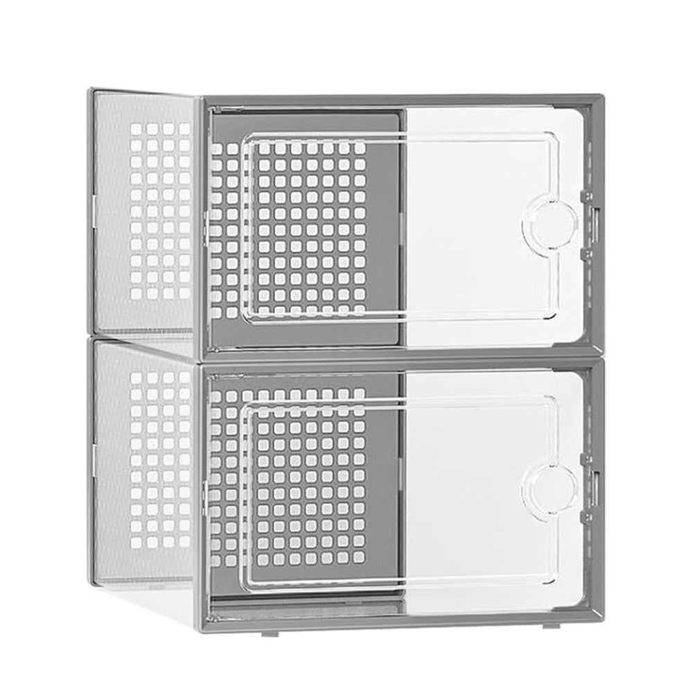 2 Pcs Clear Stackable Shoe Boxes Plastic Sneaker Containers for Closet Under Bed-Grey