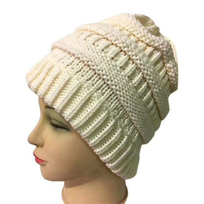 Winter Cable Knit Ponytail Beanie High Bun Crochet Hat - Beige