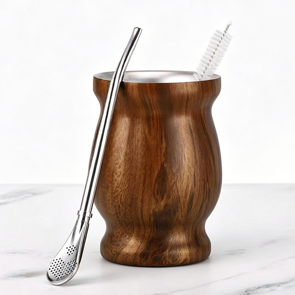 8oz 304 Stainless Steel Yerba Mate Cup Double Wall with Straw Spoon-Brown