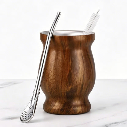 8oz 304 Stainless Steel Yerba Mate Cup Double Wall with Straw Spoon-Brown
