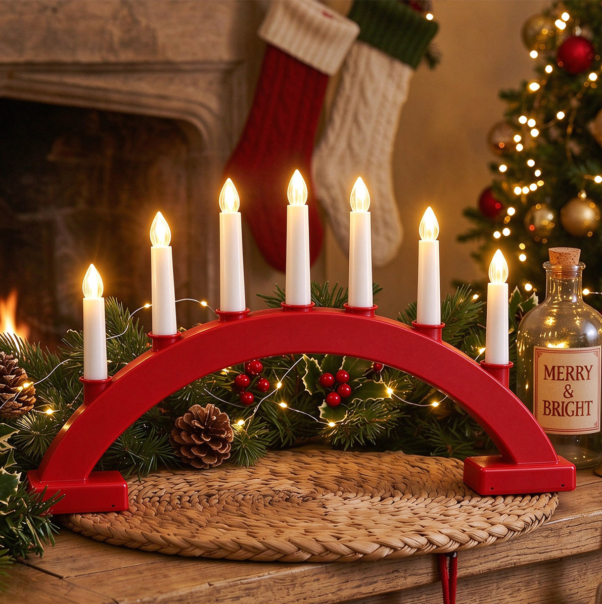 LED Christmas Flameless Taper Candle Decoration Light Holder - Red