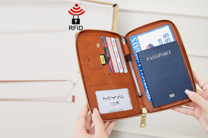 RFID Blocking Passport Wallet PU Document Organizer with Wristlet for Women -Brown