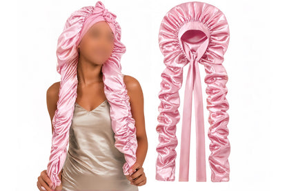 Double Layer Satin Sleep Cap for Long Hair Braids and Natural Hairstyles - Pink