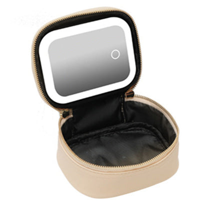 Compact Makeup Bag Travel Case with Mirror and Adjustable Light Stylish for Travel Beige
