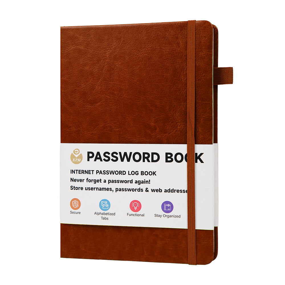 Password Book with Tabs PU Leather Internet Password Logbook with Elastic Band Brown