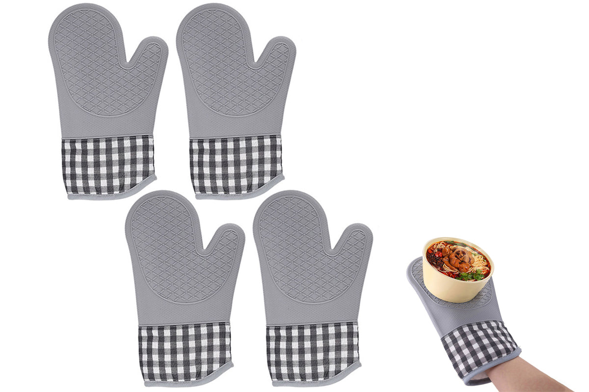 2 Pairs Of Silicone Heat Resistant Gloves Kitchen Cooking Baking Microwave Oven Mitts-Grey