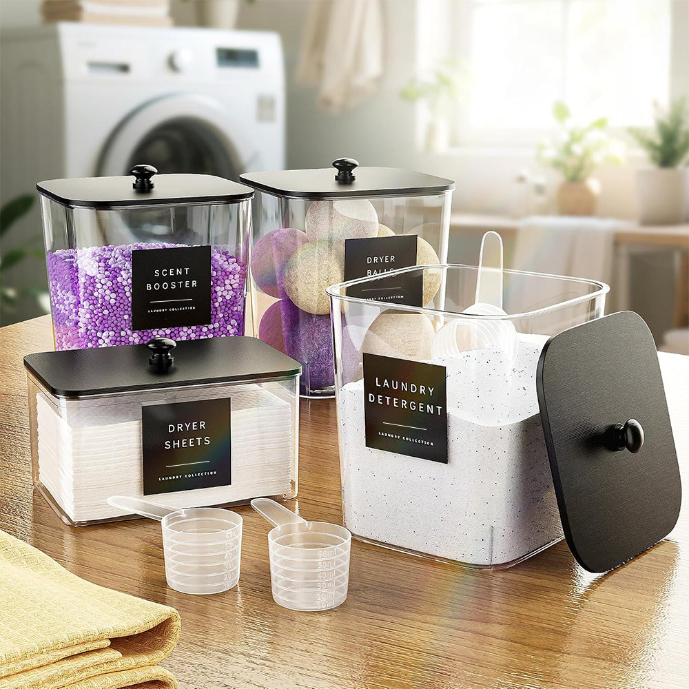 4Pcs Clear Laundry Storage Containers with Airtight Wooden Lids-Black